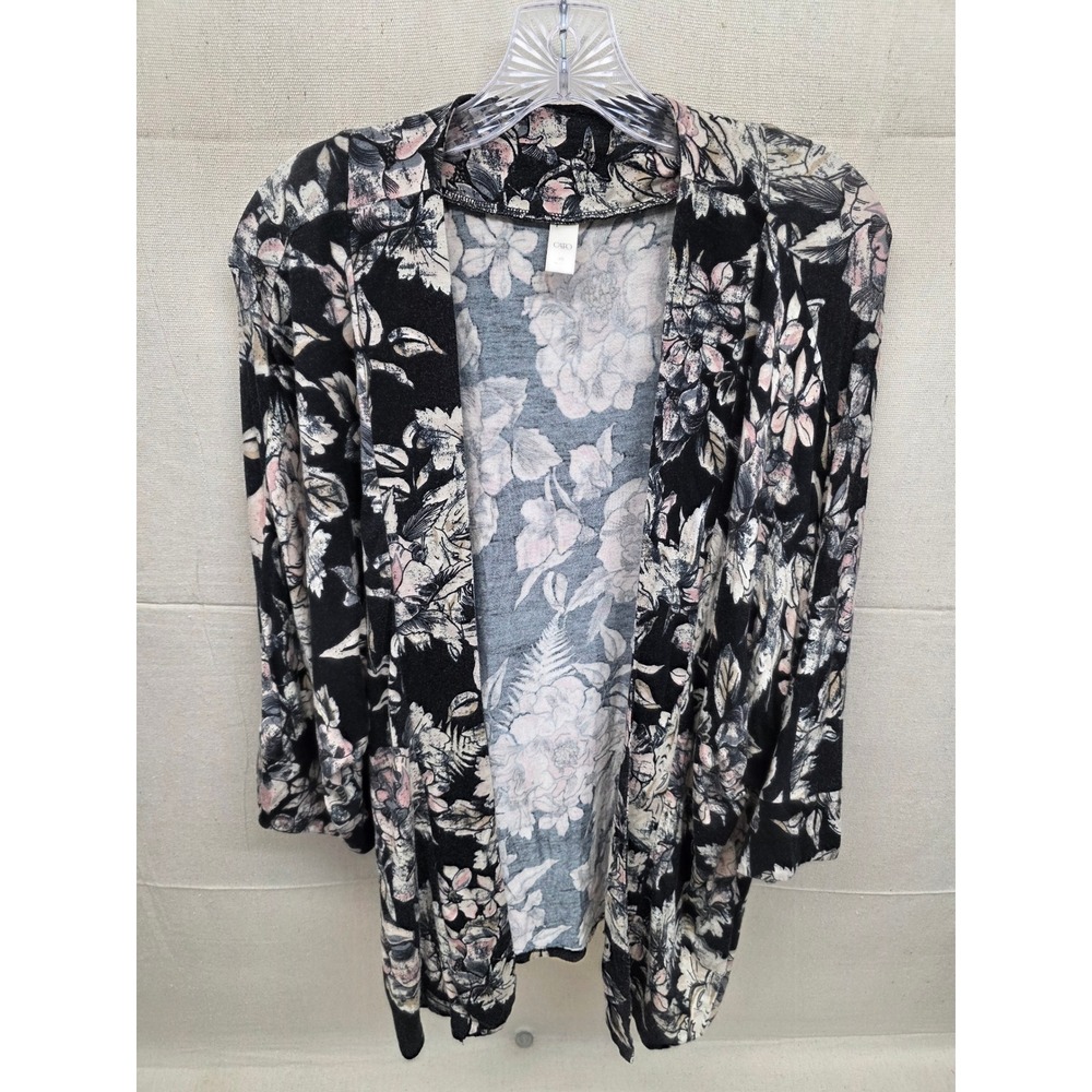 Cato Womens XS Black Floral Open Front Cardigan 3/4 Sleeve Lightweight Knit